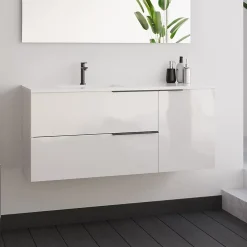 Meuble sous vasque seul, 2 tiroirs et 1 porte, 100cm, vasque déportée à gauche, blanc laqué - KING