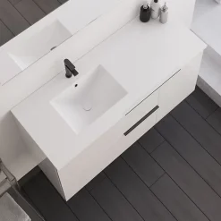Meuble sous vasque seul, 2 tiroirs et 1 porte, 100cm, vasque déportée à gauche, blanc laqué - KING