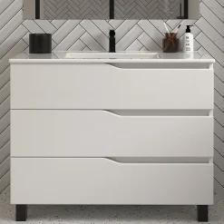Meuble sous vasque seul, 3 tiroirs, 90cm, simple vasque - blanc mat - MATA