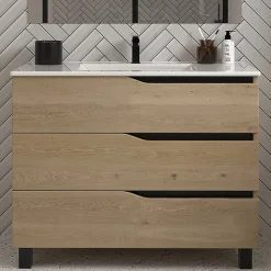 Meuble sous vasque seul, 3 tiroirs, 90cm, simple vasque - madera miel (chêne clair) - MATA