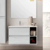 Meuble sous vasque seul, 2 tiroirs et 2 niches, 80cm, vasque déportée à gauche - hibernian (bois blanchi) - OLYMPE