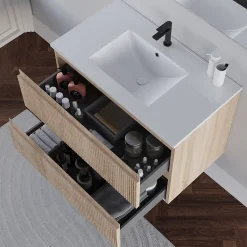 Meuble sous vasque seul, 2 tiroirs, 80cm, simple vasque - cambrian (chêne clair) - RIBERA