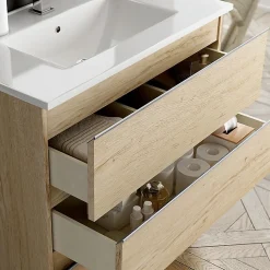 Meuble sous vasque seul, 3 tiroirs, 60cm, simple vasque - bambou (chêne clair) - PALMA