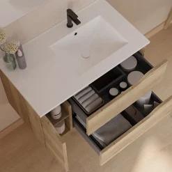 Meuble sous vasque seul, 2 tiroirs et 1 porte, 80cm, vasque déportée droite - madera miel (bois clair) - ZARZA