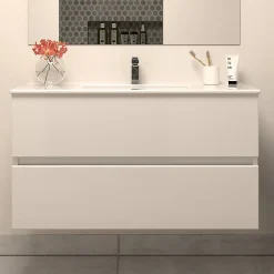 Meuble sous vasque seul, 2 tiroirs, 100cm, simple vasque - blanc brillant - IDA