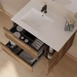 Meuble sous vasque seul, 2 tiroirs et 1 porte, 80cm, vasque déportée gauche - tabaco (bois foncé) - ZARZA