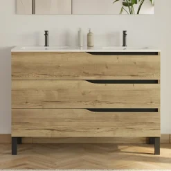 Meuble sous vasque seul, 3 tiroirs, 120cm, double vasque - madera miel (chêne clair) - MATA