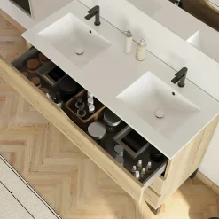 Meuble sous vasque seul, 3 tiroirs, 120cm, double vasque - madera miel (chêne clair) - MATA