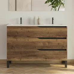 Meuble sous vasque seul, 3 tiroirs, 120cm, double vasque - tabaco (chêne foncé) - MATA