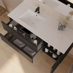Meuble sous vasque seul, 2 tiroirs et 1 porte, 120cm, vasque déportée gauche - noir - ZARZA