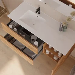 Meuble sous vasque seul, 2 tiroirs et 1 porte, 120cm, vasque déportée gauche - roble (bois clair) - ZARZA