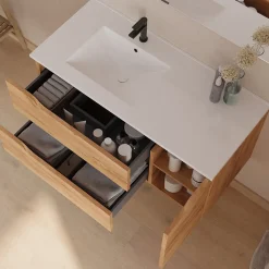 Meuble sous vasque seul, 2 tiroirs et 1 porte, 100cm, vasque déportée gauche - roble (bois clair) - ZARZA