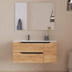 Meuble sous vasque seul, 2 tiroirs et 1 porte, 100cm, vasque déportée gauche - roble (bois clair) - ZARZA