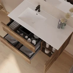 Meuble sous vasque seul, 2 tiroirs et 1 porte, 100cm, vasque déportée gauche - tabaco (bois foncé) - ZARZA