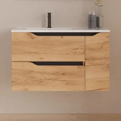 Meuble sous vasque seul, 2 tiroirs et 1 porte, 80cm, vasque déportée gauche - roble (bois clair) - ZARZA