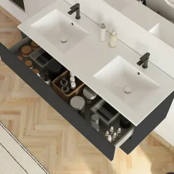 Meuble sous vasque seul, 2 tiroirs, 120cm, double vasque - noir - LUNA