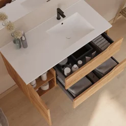 Meuble sous vasque seul, 2 tiroirs et 1 porte, 100cm, vasque déportée droite - roble (bois clair) - ZARZA