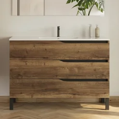 Meuble sous vasque seul, 3 tiroirs, 120cm, simple vasque - tabaco (chêne foncé) - MATA