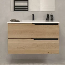 Meuble sous vasque seul, 2 tiroirs, 80cm, simple vasque - madera miel (chêne clair) - LUNA