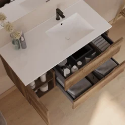 Meuble sous vasque seul, 2 tiroirs et 1 porte, 100cm, vasque déportée droite - tabaco (bois foncé) - ZARZA