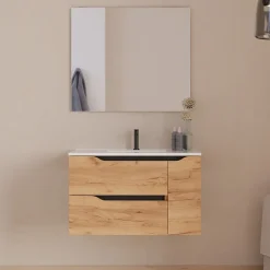 Meuble sous vasque seul, 2 tiroirs et 1 porte, 80cm, vasque centrée - roble (bois clair) - ZARZA
