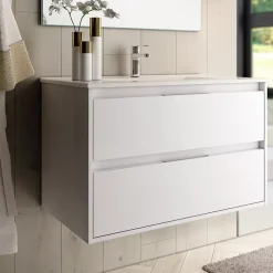 Meuble sous vasque seul, 2 tiroirs, 100cm, simple vasque - blanc laqué - IRIS