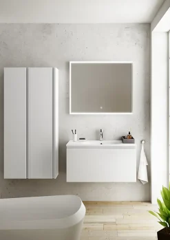 Meuble sous vasque suspendu blanc mat l.90 x H.46,5 x P.50,5 cm pour évacuation centrale, Pura+