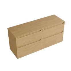 Meuble sous vasque suspendu MDF Chêne miel, plan vasque Chêne miel, tiroirs pivotants - 140x46x62cm - VIREO