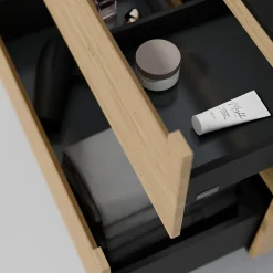 Meuble sous vasque suspendu MDF Chêne miel, plan vasque Chêne miel, tiroirs pivotants - 140x46x62cm - VIREO