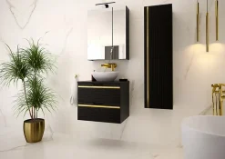 Meuble sous vasque suspendu VESPER noir 80 cm - bande décorative dorée