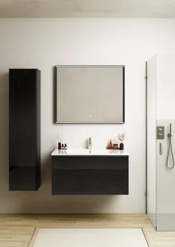 Meuble sous vasque suspendu noir mat et verre fumé l.90 x H.46,5 x P.50,5 cm pour évacuation centrale, Pura+