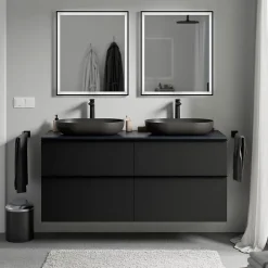 Meuble sous vasque suspendu MDF Noir mat, plan vasque Bleu nuit mat, poignée Anthracite mat - 140x46x62cm - LAVOA