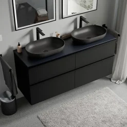 Meuble sous vasque suspendu MDF Noir mat, plan vasque Bleu nuit mat, poignée Anthracite mat - 140x46x62cm - LAVOA