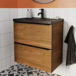 Meuble sous vasque suspendu faible profondeur effet noyer l.60 x H.60 x P.36 cm, GoodHome Imandra