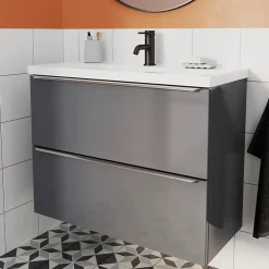 Meuble sous vasque suspendu faible profondeur gris brillant l.80 x H.60 x P.36 cm, GoodHome Imandra