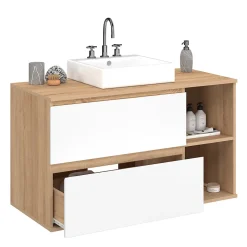 Meuble sous vasque suspendu salle de bain TOMI 2 tiroirs et 2 niches façon hêtre et blanc