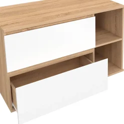 Meuble sous vasque suspendu salle de bain TOMI 2 tiroirs et 2 niches façon hêtre et blanc