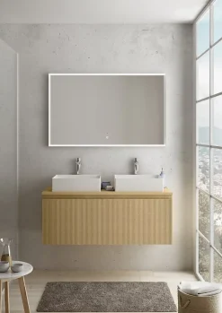 Meuble sous vasque suspendu effet chêne miel l.120 cm pour double vasque, Pura