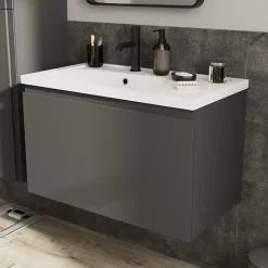 Meuble sous vasque suspendu gris anthracite mat 2 tiroirs l.80 x H.48 x P.45 cm Levanna