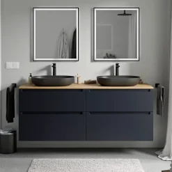Meuble sous vasque suspendu MDF Bleu nuit mat, plan vasque Chêne miel, tiroirs pivotants - 160x46x62cm - VIREO