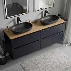 Meuble sous vasque suspendu MDF Bleu nuit mat, plan vasque Chêne miel, tiroirs pivotants - 160x46x62cm - VIREO
