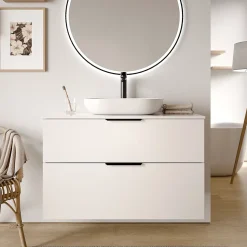 Meuble sous vasque suspendu MDF Blanc brillant 100x46x62cm, Plan lavabo Blanc brillant + 2 tiroirs poignée Chrome - TIM100