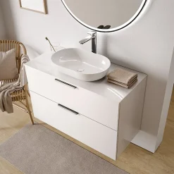 Meuble sous vasque suspendu MDF Blanc brillant 100x46x62cm, Plan lavabo Blanc brillant + 2 tiroirs poignée Chrome - TIM100