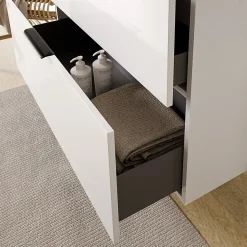 Meuble sous vasque suspendu MDF Blanc brillant 100x46x62cm, Plan lavabo Blanc brillant + 2 tiroirs poignée Chrome - TIM100