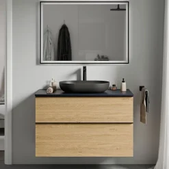 Meuble sous vasque suspendu MDF Chêne miel, plan vasque Bleu nuit mat, poignée Noir mat - 80x46x62cm - LAVOA