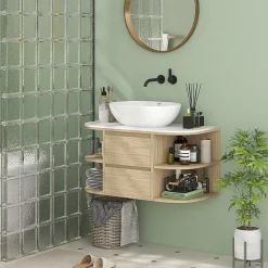 Meuble sous vasque suspendu design tiroirs étagères - dim. 90L x 45P x 46H cm - effet bois clair