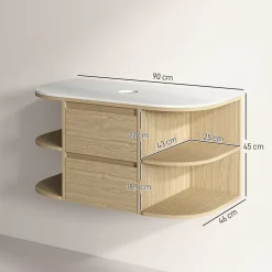 Meuble sous vasque suspendu design tiroirs étagères - dim. 90L x 45P x 46H cm - effet bois clair