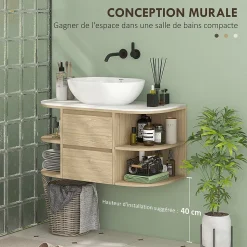 Meuble sous vasque suspendu design tiroirs étagères - dim. 90L x 45P x 46H cm - effet bois clair