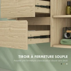 Meuble sous vasque suspendu design tiroirs étagères - dim. 90L x 45P x 46H cm - effet bois clair