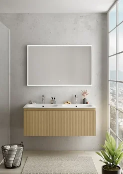 Meuble sous vasque suspendu placage chêne miel strié l.120 x H.46,5 x P.50,5 cm pour double vasque, Pura+